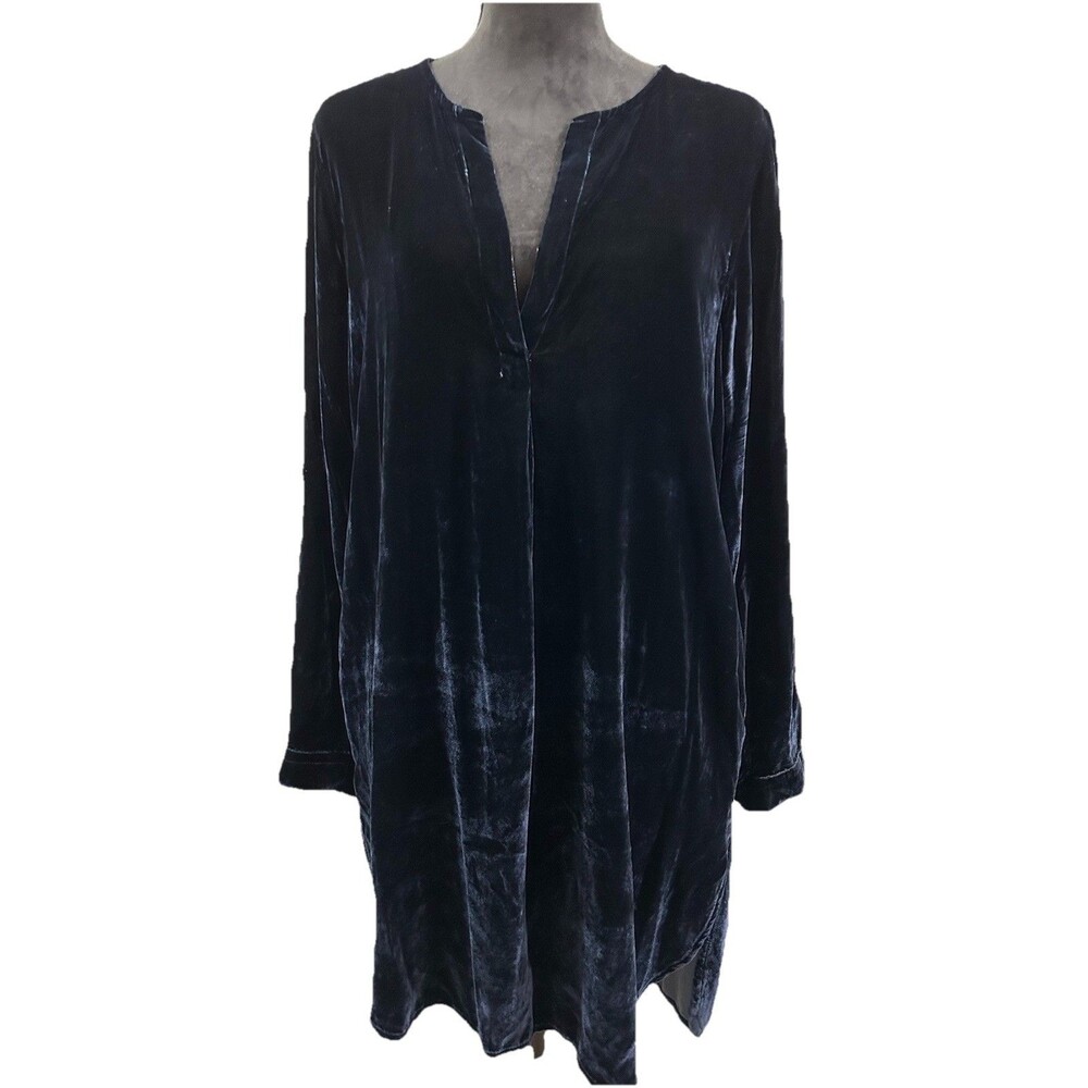 Free People Womens Sz S Dress Deep Blue Velvet Tunic Long Sleeve V Neck Boho